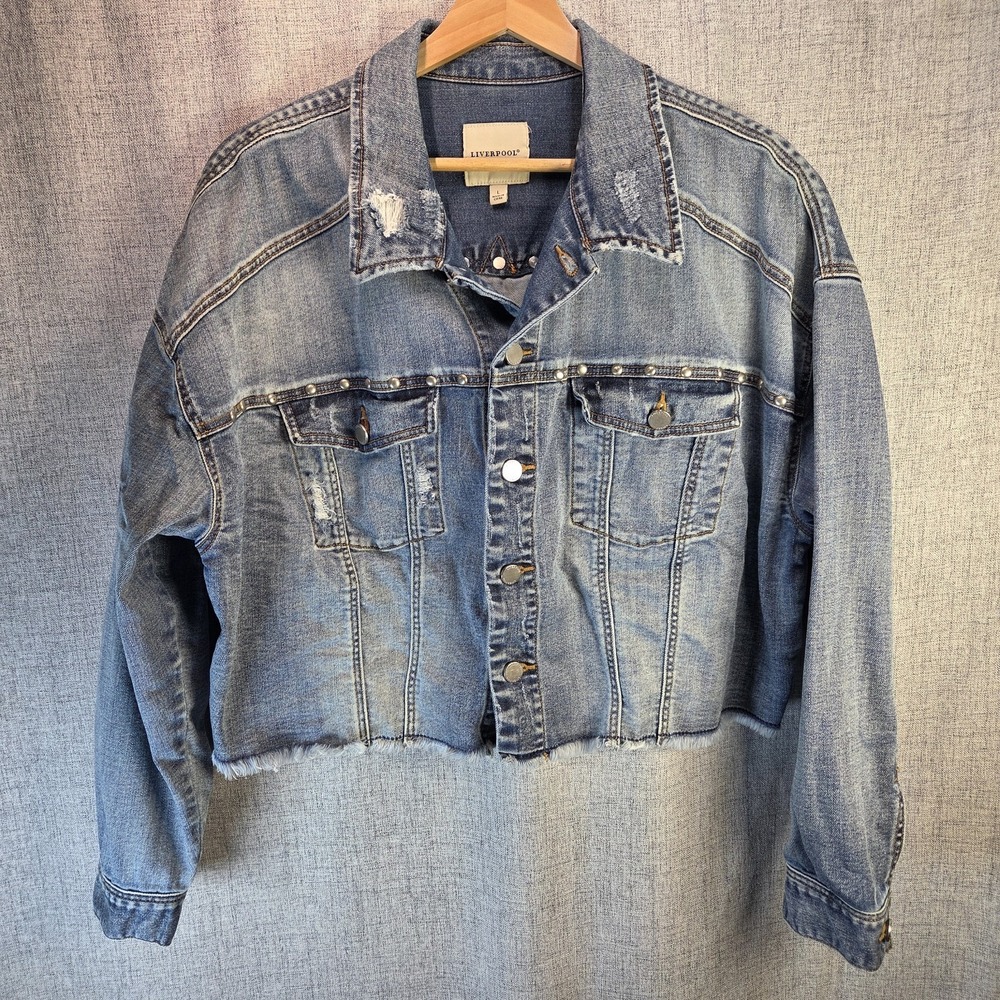 Liverpool Distressed Cropped Denim Studs Boxy Jacket Fringe Hem Womens Large
